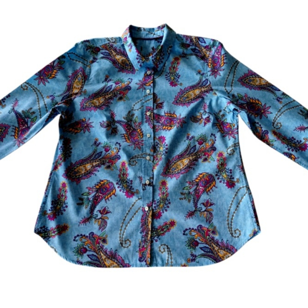 Talbots Cotton Button Front Shirt - Swirly Paisley, Size Lp - Picture 3 of 16